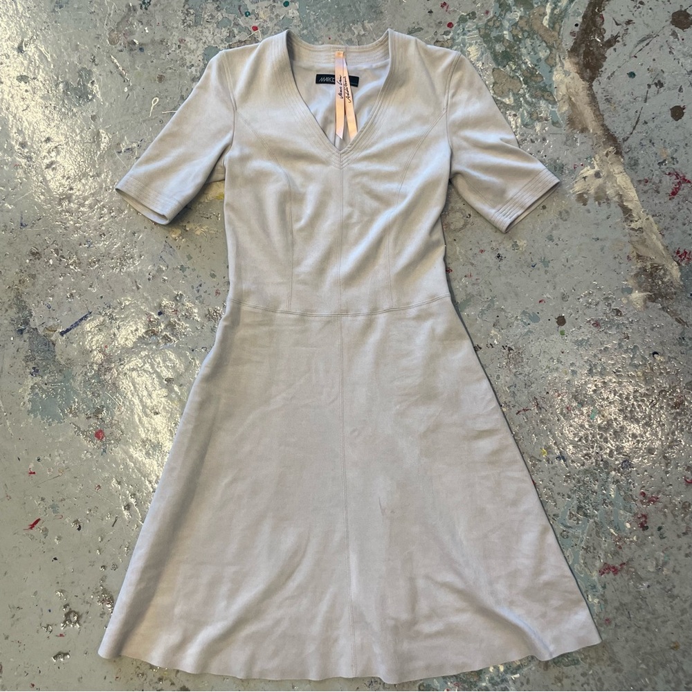 Marc Cain Taupe Suede Midi Dress – V Neck A-Line